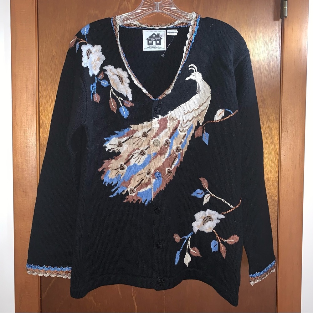 Women’s M STORYBOOK KNITS Black Peacock & Peonies Cardigan Crochet Lace Sweater